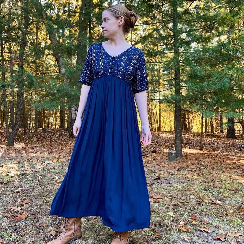 90s April Cornell Beaded Mirror Maxi Dress / Formal Gown - Picture 5 of 16